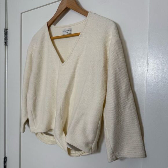 Madewell Texture And Thread Top Sz L Cream Cropped Ribbed Twist V Neck Cotton - Picture 2 of 10